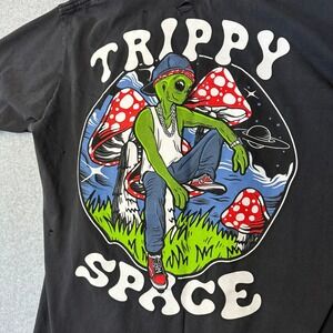 Style Daba Trippy Space Alien Mushroom Graphic Shirt Faded Black Distressed 2XL